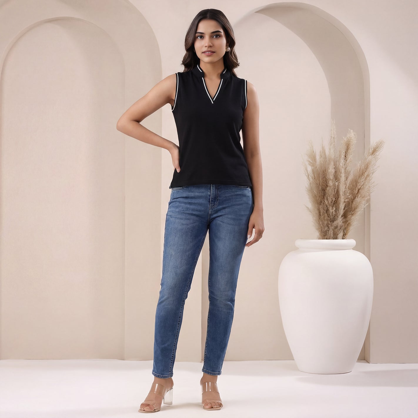 V Placket SL Polo - Black - Image 2