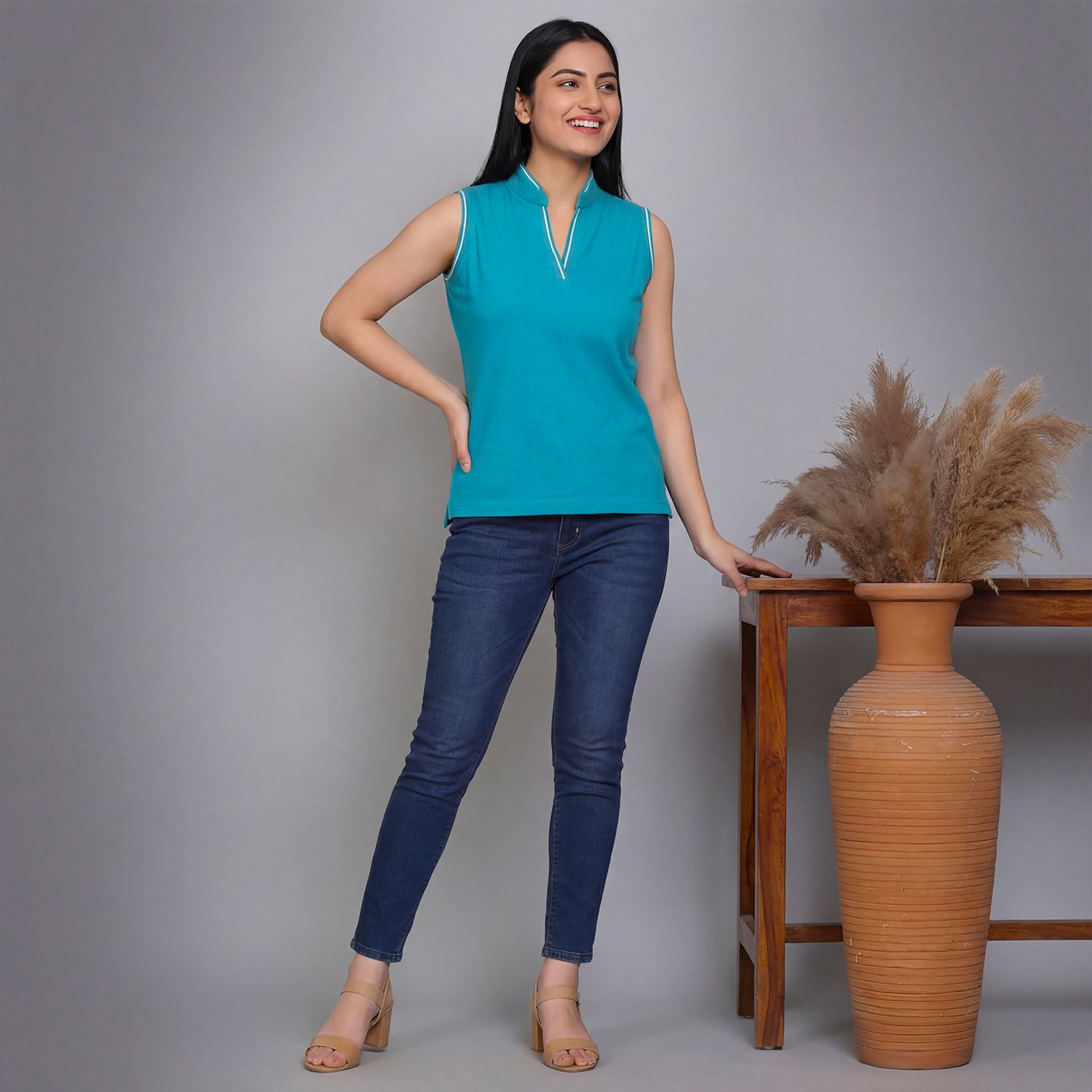 V Placket SL Polo - Teal Blue - Image 2
